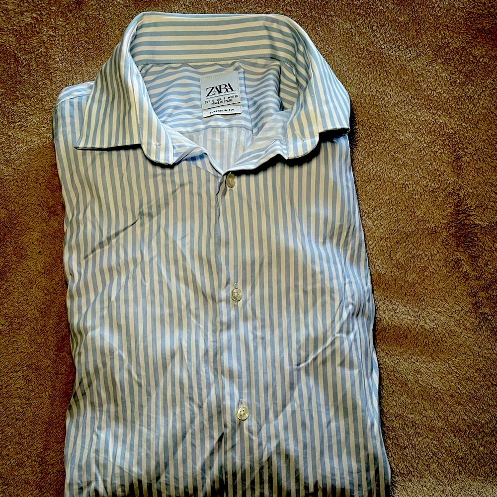Men’s Zara button blue and white stripped shirt